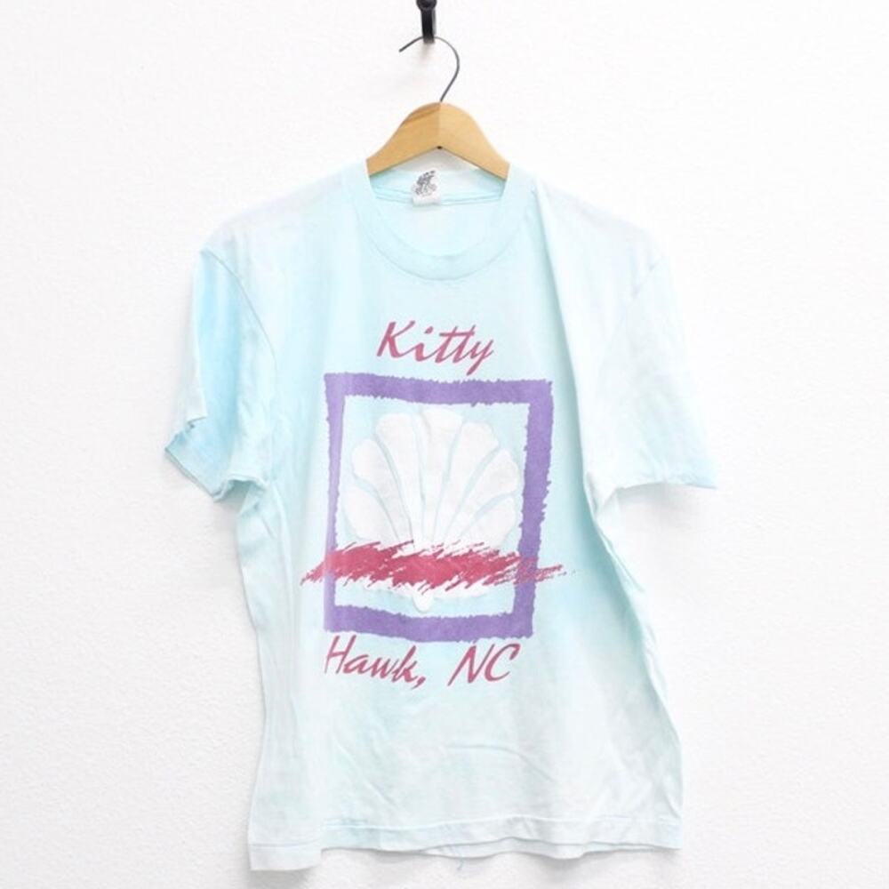 Vintage 80s Kitty Hawk North Carolina Seashell Blue T Shirt Mens Large Beach